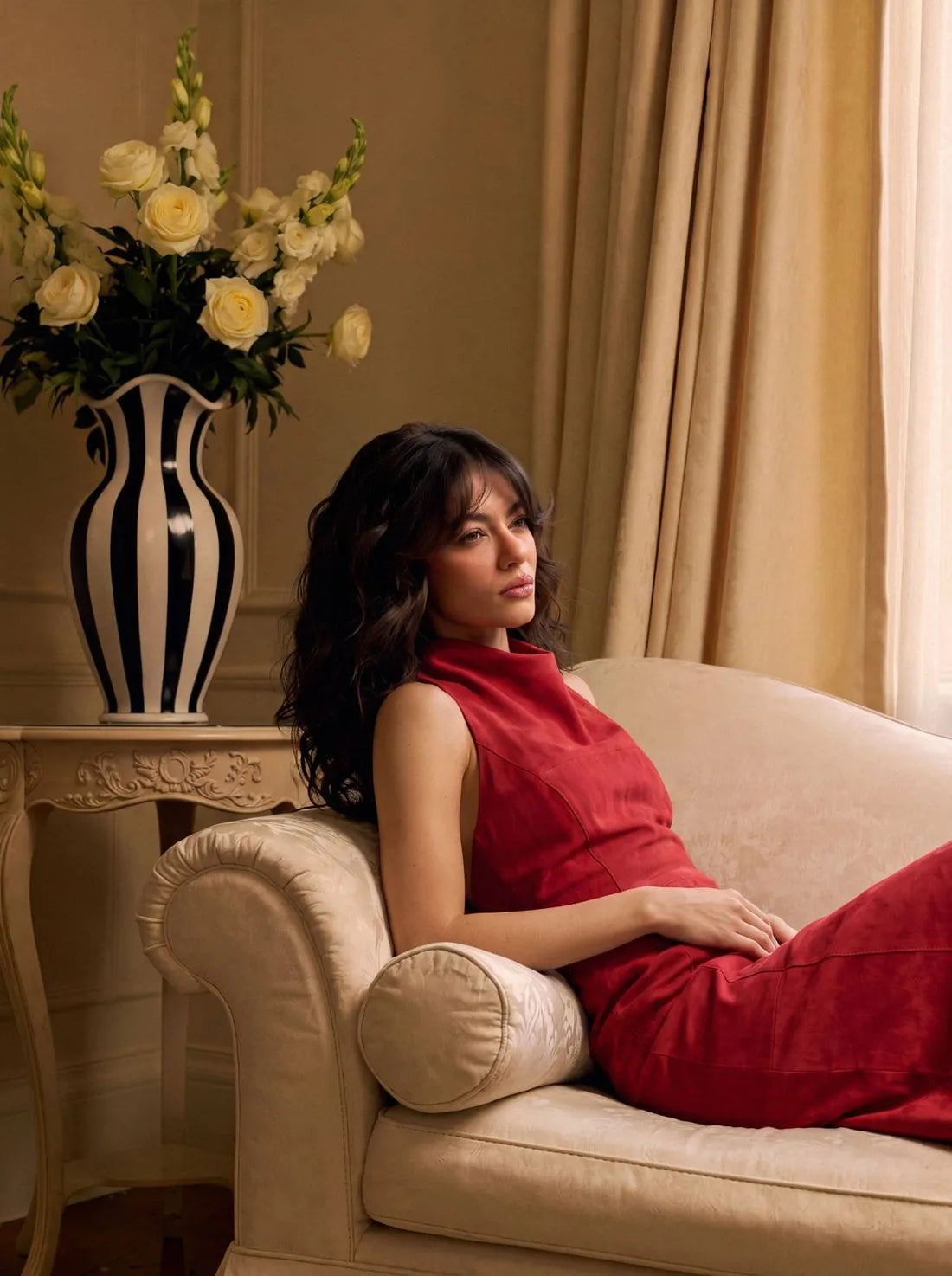Vestido vermelho em nobuck, ambiente interno